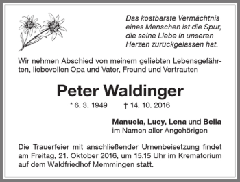 Traueranzeige von Peter Waldinger von Memminger Zeitung