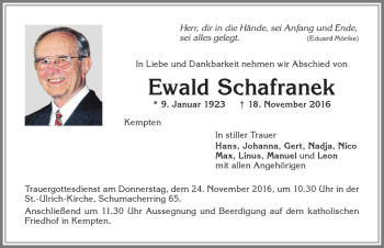 Traueranzeige von Ewald Schafranek von Allgäuer Zeitung,Kempten