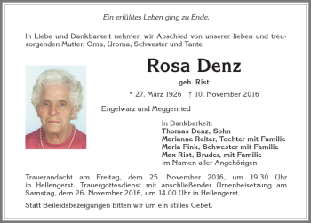 Traueranzeige von Rosa Denz von Allgäuer Zeitung,Kempten