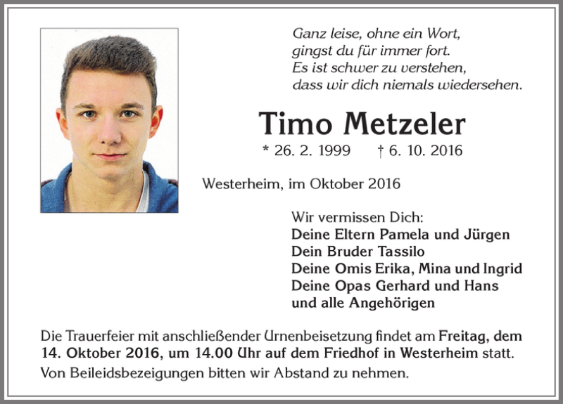  Traueranzeige für Timo Metzeler vom 12.10.2016 aus Memminger Zeitung