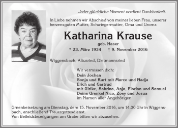 Traueranzeige von Katharina Krause von Allgäuer Zeitung,Kempten