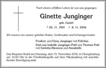 Traueranzeige von Ginette Junginger von Allgäuer Zeitung, Marktoberdorf