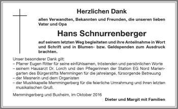 Traueranzeige von Hans Schnurrenberger von Memminger Zeitung