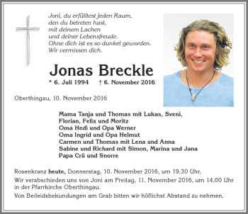 Traueranzeige von Jonas Breckle von Allgäuer Zeitung, Marktoberdorf