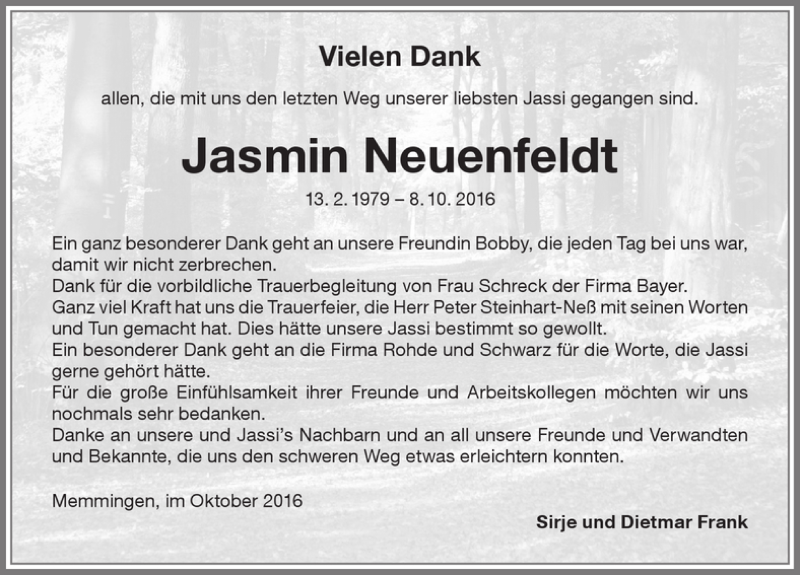  Traueranzeige für Jasmin Neuenfeldt vom 18.10.2016 aus Memminger Zeitung