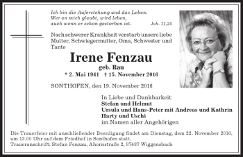 Traueranzeige von Irene Fenzau von Allgäuer Anzeigeblatt