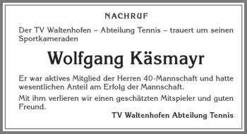 Traueranzeige von Wolfgang Käsmayr von Allgäuer Zeitung,Kempten
