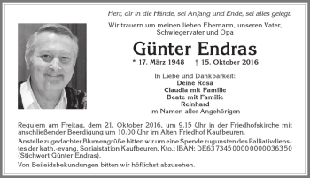 Traueranzeige von Günter Endras von Allgäuer Zeitung, Kaufbeuren/Buchloe