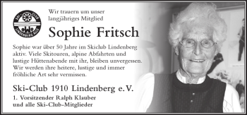 Traueranzeige von Sophie Fritsch von Der Westallgäuer