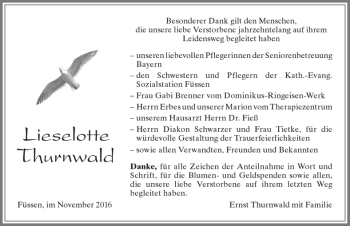 Traueranzeige von Lieselotte Thurnwald von Allgäuer Zeitung, Füssen