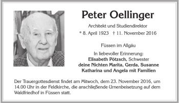 Traueranzeige von Peter Oellinger von Allgäuer Zeitung, Füssen