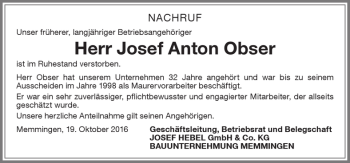 Traueranzeige von Josef Anton Obser von Memminger Zeitung