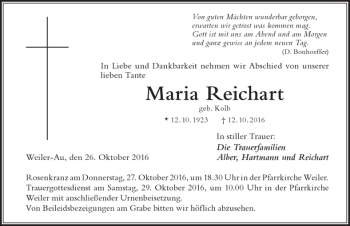 Traueranzeige von Maria Reichart von Der Westallgäuer
