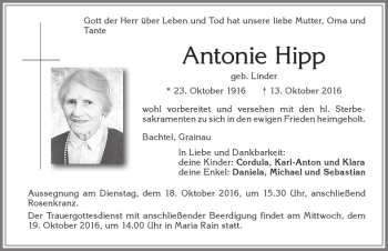 Traueranzeige von Antonie Hipp von Allgäuer Zeitung,Kempten