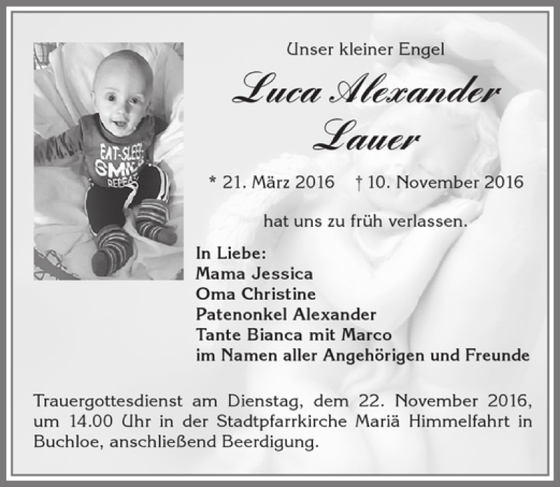  Traueranzeige für Luca Alexander Lauer vom 19.11.2016 aus Allgäuer Zeitung, Kaufbeuren/Buchloe