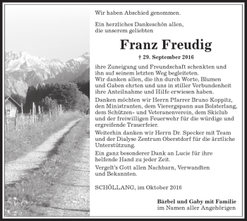 Traueranzeige von Franz Freudig von Allgäuer Anzeigeblatt