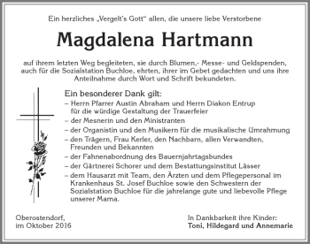 Traueranzeige von Magdalena Hartmann von Allgäuer Zeitung, Kaufbeuren/Buchloe