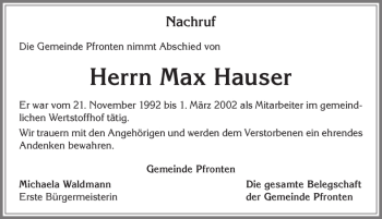 Traueranzeige von Max Hauser von Allgäuer Zeitung, Füssen
