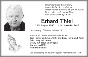 Traueranzeige von Erhard Thiel von Allgäuer Zeitung, Marktoberdorf