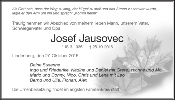 Traueranzeige von Josef Jausovec von Der Westallgäuer
