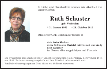 Traueranzeige von Ruth Schuster von Allgäuer Anzeigeblatt