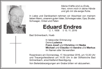 Traueranzeige von Eduard Endres von Memminger Zeitung