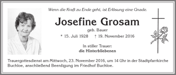 Traueranzeige von Josefine Grosam von Allgäuer Zeitung, Kaufbeuren/Buchloe