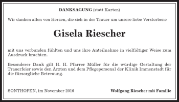 Traueranzeige von Gisela Riescher von Allgäuer Anzeigeblatt