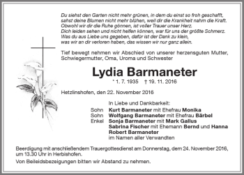 Traueranzeige von Lydia Barmaneter von Memminger Zeitung