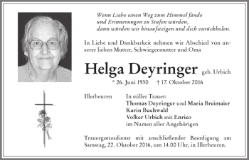 Traueranzeige von Helga Deyringer von Memminger Zeitung