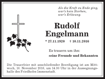 Traueranzeige von Rudolf Engelmann von Allgäuer Anzeigeblatt