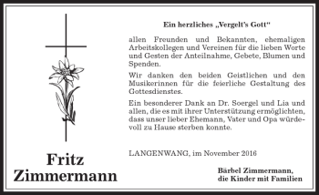 Traueranzeige von Fritz Zimmermann von Allgäuer Anzeigeblatt