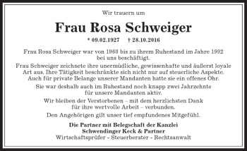 Traueranzeige von Rosa Schweiger von Allgäuer Zeitung,Kempten
