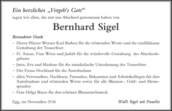 Traueranzeige von Bernhard Sigel von Der Westallgäuer