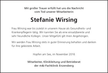 Traueranzeige von Stefanie Wirsing von Allgäuer Zeitung, Füssen