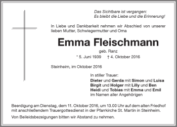 Traueranzeige von Emma Fleischmann 