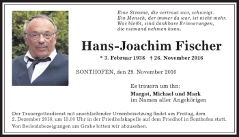 Traueranzeige von Hans-Joachim Fischer von Allgäuer Anzeigeblatt