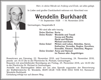 Traueranzeige von Wendelin Burkhardt von Allgäuer Zeitung, Kaufbeuren/Buchloe