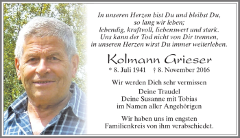 Traueranzeige von Kolmann Grieser von Allgäuer Zeitung, Füssen
