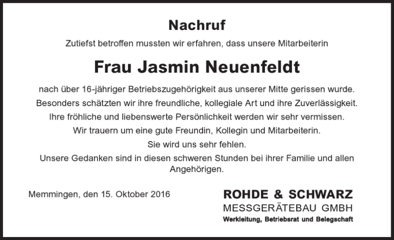  Traueranzeige für Jasmin Neuenfeldt vom 15.10.2016 aus Memminger Zeitung