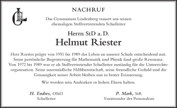 Traueranzeige von Helmut Riester von Der Westallgäuer