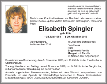 Traueranzeige von Elisabeth Spingler von Allgäuer Zeitung, Marktoberdorf