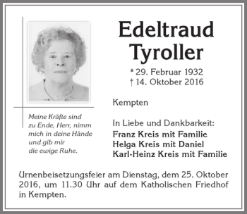 Traueranzeige von Edeltraud Tyroller von Allgäuer Zeitung,Kempten