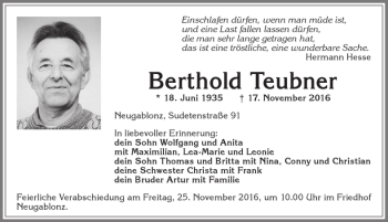 Traueranzeige von Berthold Teubner von Allgäuer Zeitung, Kaufbeuren/Buchloe