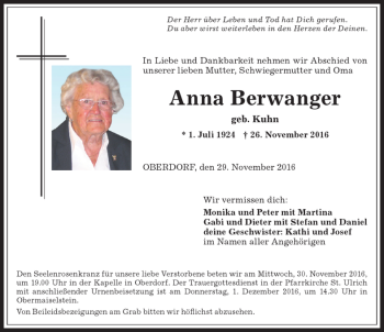 Traueranzeige von Anna Berwanger von Allgäuer Anzeigeblatt