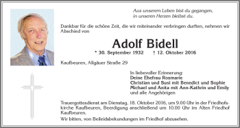 Traueranzeige von Adolf Bidell von Allgäuer Zeitung, Kaufbeuren/Buchloe
