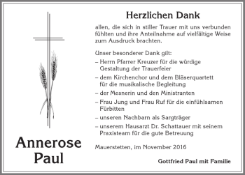 Traueranzeige von Annerose Paul von Allgäuer Zeitung, Kaufbeuren/Buchloe