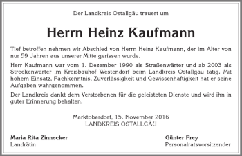 Traueranzeige von Heinz Kaufmann von Allgäuer Zeitung, Kaufbeuren/Buchloe