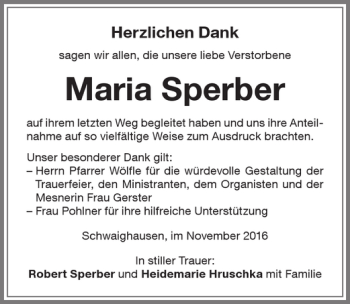 Traueranzeige von Maria Sperber von Memminger Zeitung