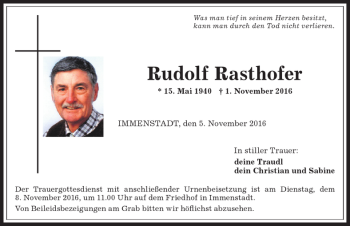 Traueranzeige von Rudolf Rasthofer von Allgäuer Anzeigeblatt
